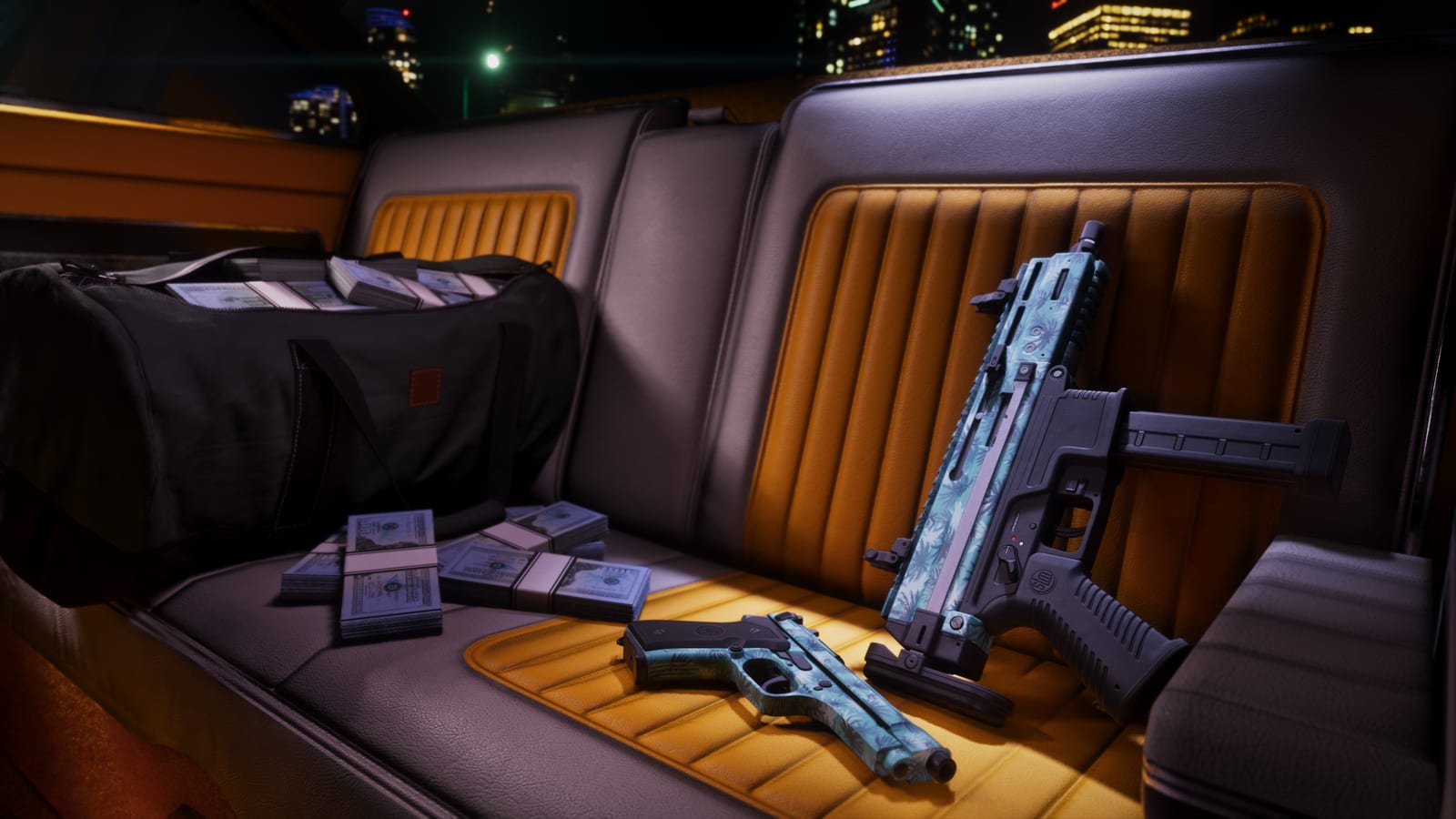 Vintage Vice City weapon pattern in an official GTA VI pre-order screenshot