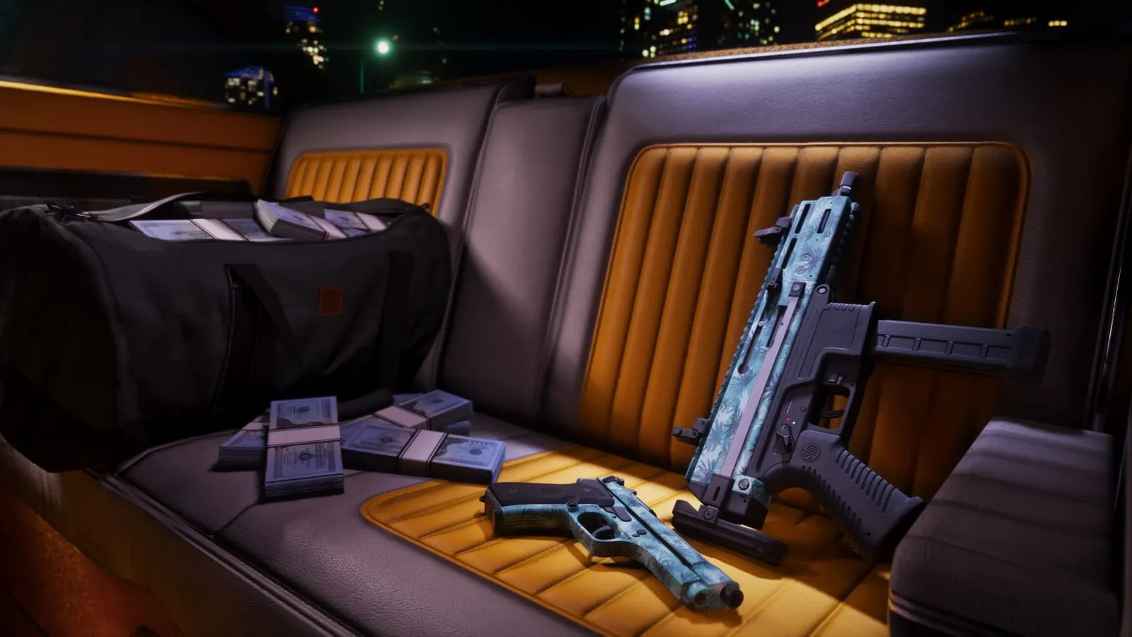 A pistol and a compact submachine gun in a teal palm pattern in Rockstar's Vintage Vice City Pack media
